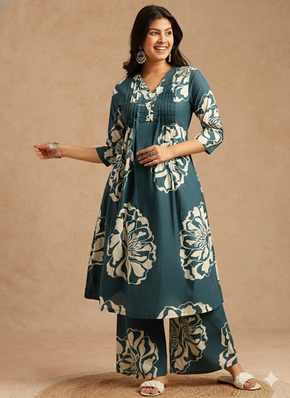Teal Floral Print A-Line Cotton Stitched Kurta Set