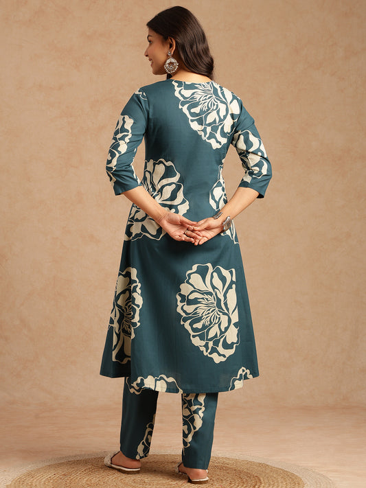 Teal Floral Print A-Line Cotton Stitched Kurta Set