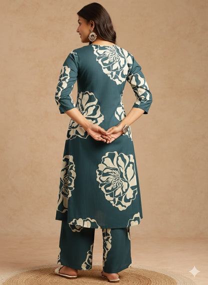 Teal Floral Print A-Line Cotton Stitched Kurta Set