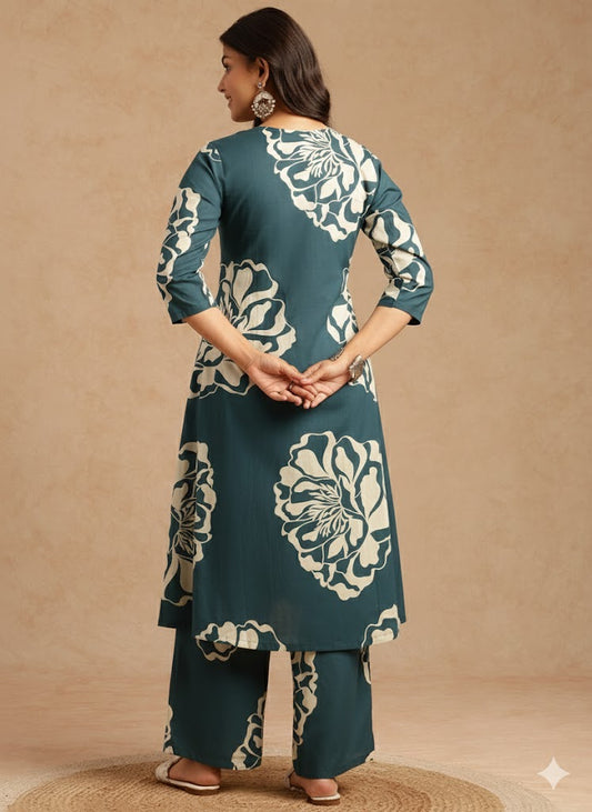 Teal Floral Print A-Line Cotton Stitched Kurta Set