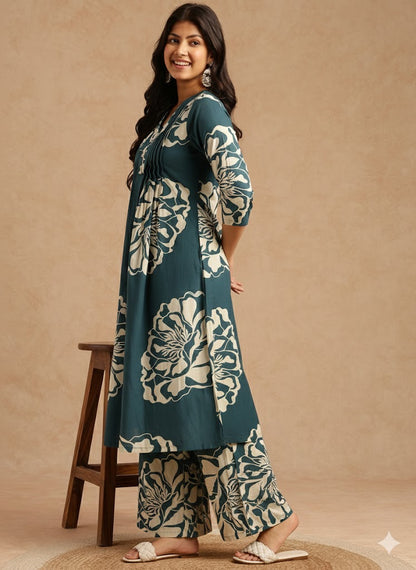 Teal Floral Print A-Line Cotton Stitched Kurta Set