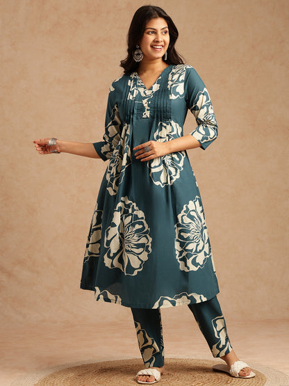 Teal Floral Print A-Line Cotton Stitched Kurta Set