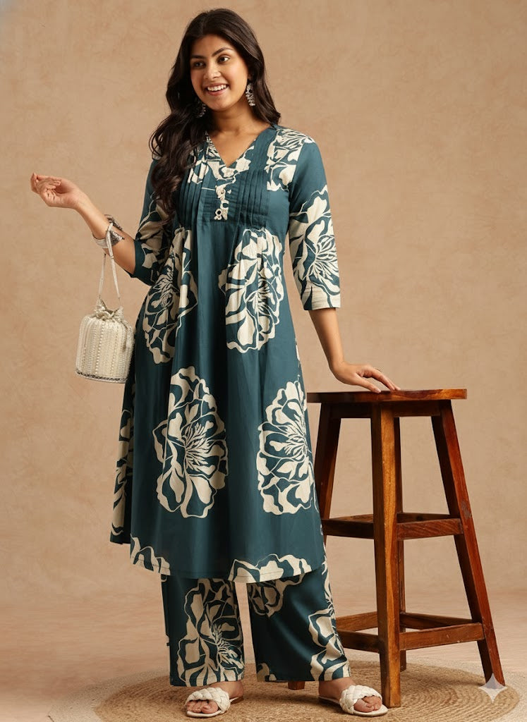 Teal Floral Print A-Line Cotton Stitched Kurta Set