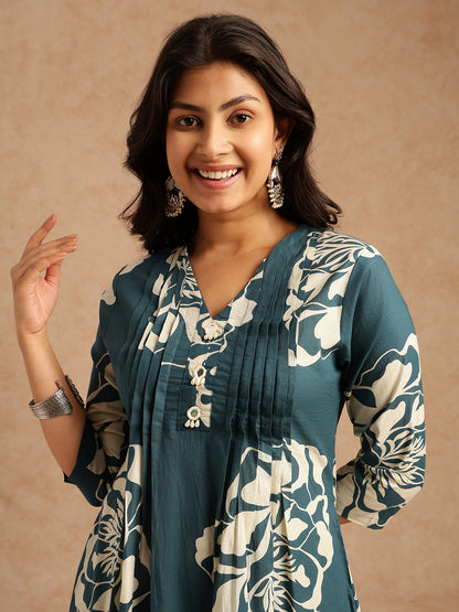 Teal Floral Print A-Line Cotton Stitched Kurta Set