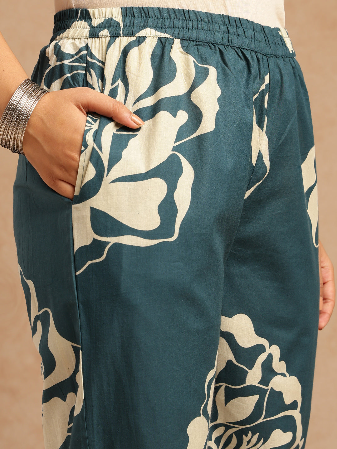 Teal Floral Print A-Line Cotton Stitched Kurta Set