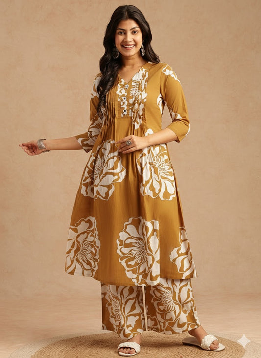 Mustard Floral Print A-Line Cotton Stitched Kurta Set