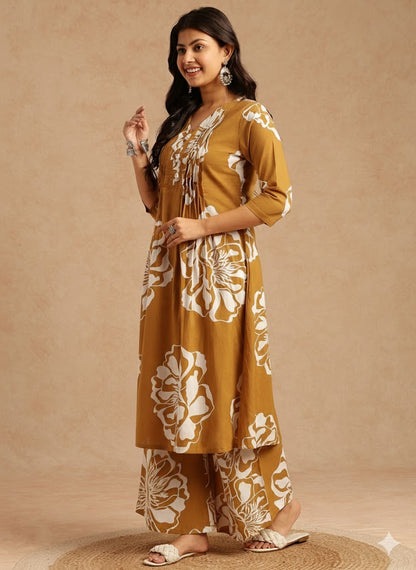 Mustard Floral Print A-Line Cotton Stitched Kurta Set