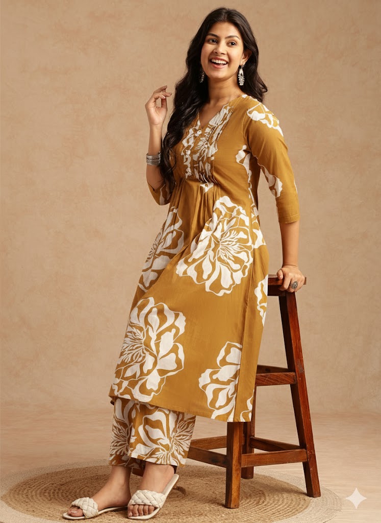 Mustard Floral Print A-Line Cotton Stitched Kurta Set
