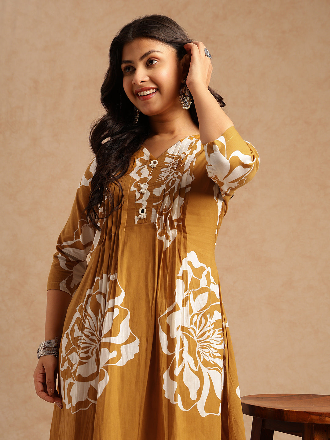 Mustard Floral Print A-Line Cotton Stitched Kurta Set
