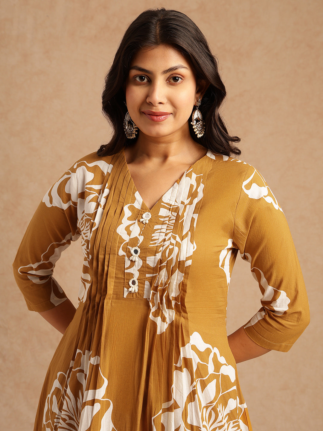 Mustard Floral Print A-Line Cotton Stitched Kurta Set