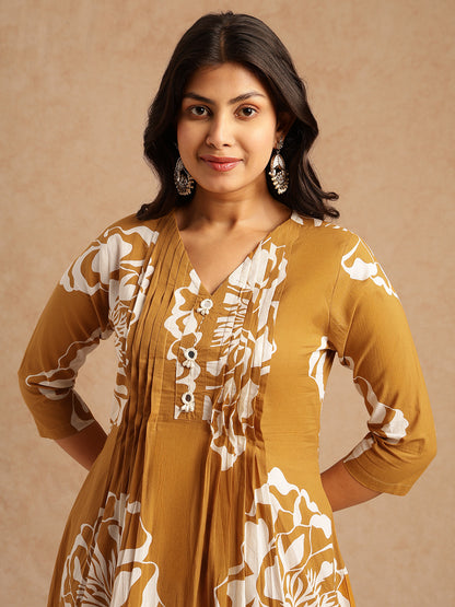 Mustard Floral Print A-Line Cotton Stitched Kurta Set