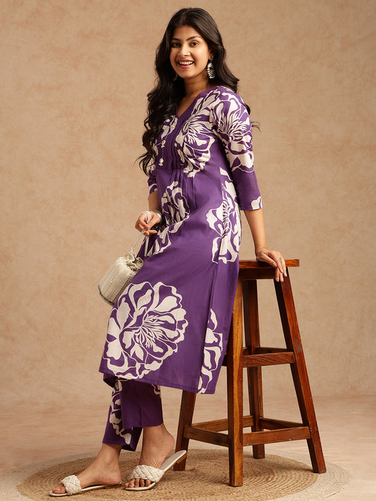 Violet Floral Print A-Line Cotton Stitched Kurta Set