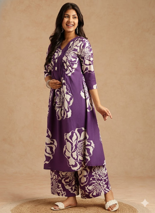 Violet Floral Print A-Line Cotton Stitched Kurta Set