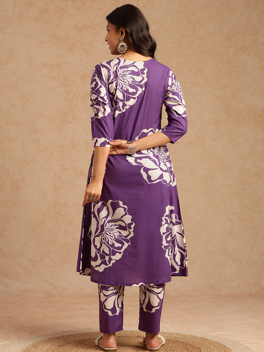 Violet Floral Print A-Line Cotton Stitched Kurta Set
