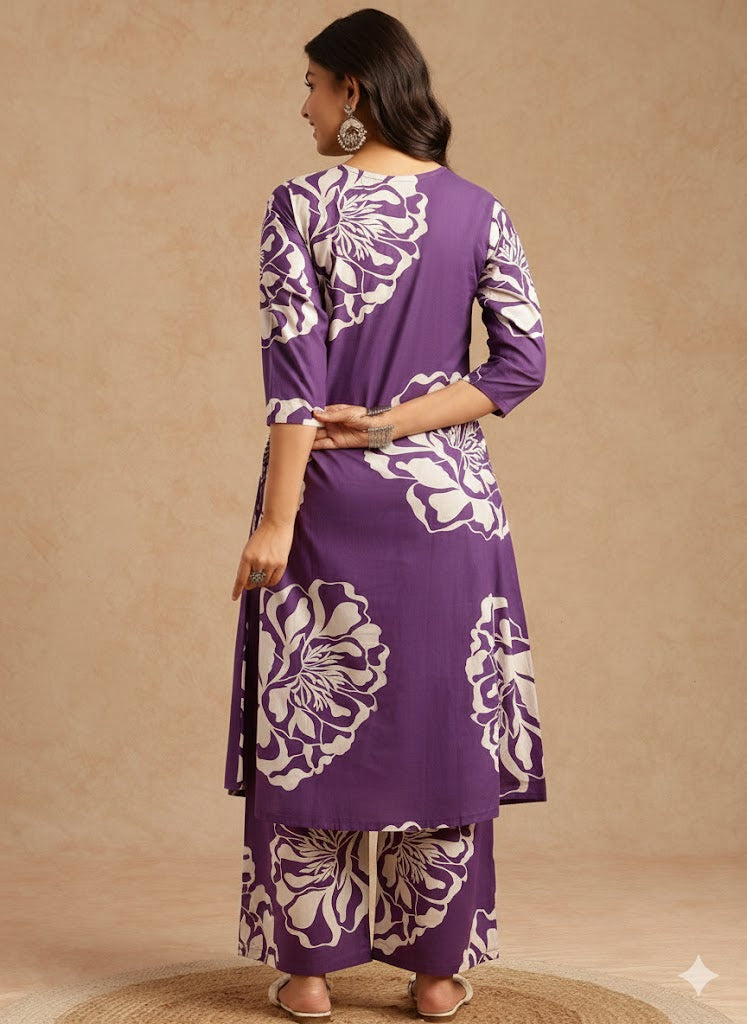 Violet Floral Print A-Line Cotton Stitched Kurta Set