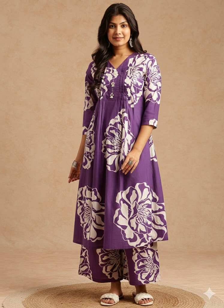 Violet Floral Print A-Line Cotton Stitched Kurta Set