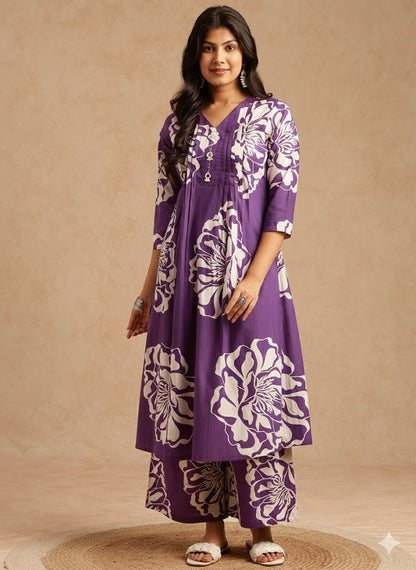 Violet Floral Print A-Line Cotton Stitched Kurta Set