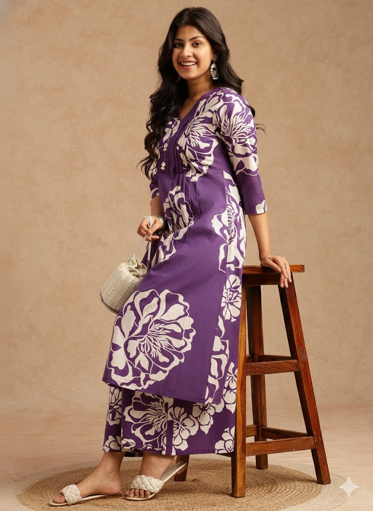Violet Floral Print A-Line Cotton Stitched Kurta Set