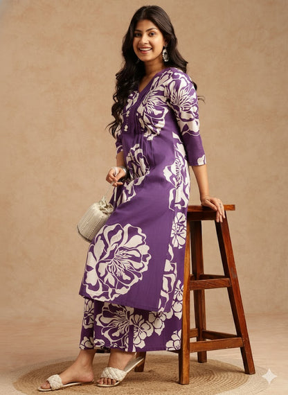 Violet Floral Print A-Line Cotton Stitched Kurta Set