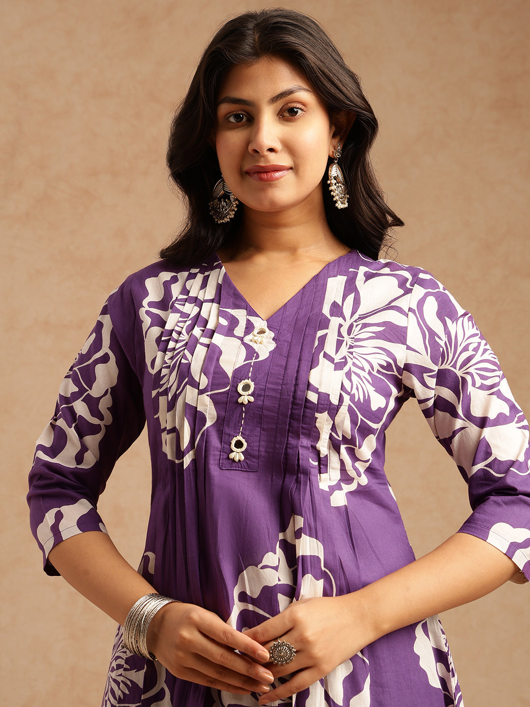 Violet Floral Print A-Line Cotton Stitched Kurta Set