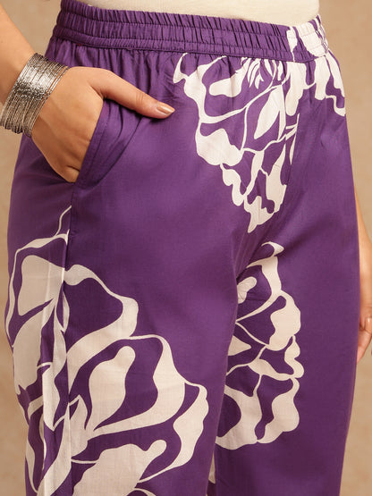 Violet Floral Print A-Line Cotton Stitched Kurta Set