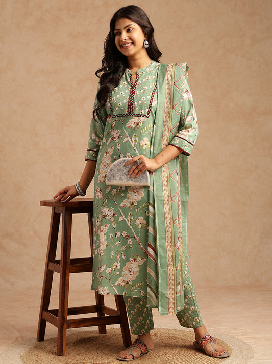 Pista Floral Print Straight Cotton Stitched Kurta Set