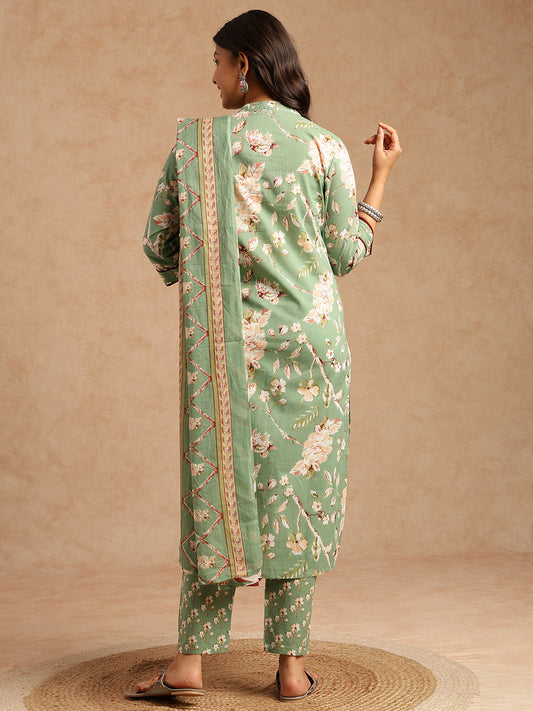 Pista Floral Print Straight Cotton Stitched Kurta Set