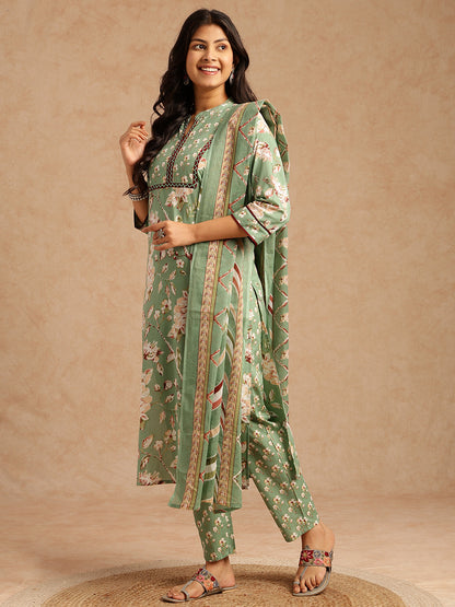 Pista Floral Print Straight Cotton Stitched Kurta Set