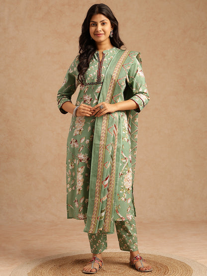 Pista Floral Print Straight Cotton Stitched Kurta Set