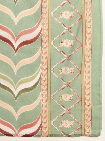 Pista Floral Print Straight Cotton Stitched Kurta Set