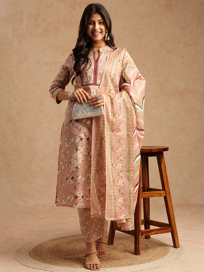 Peach Floral Print Straight Cotton Stitched Kurta Set