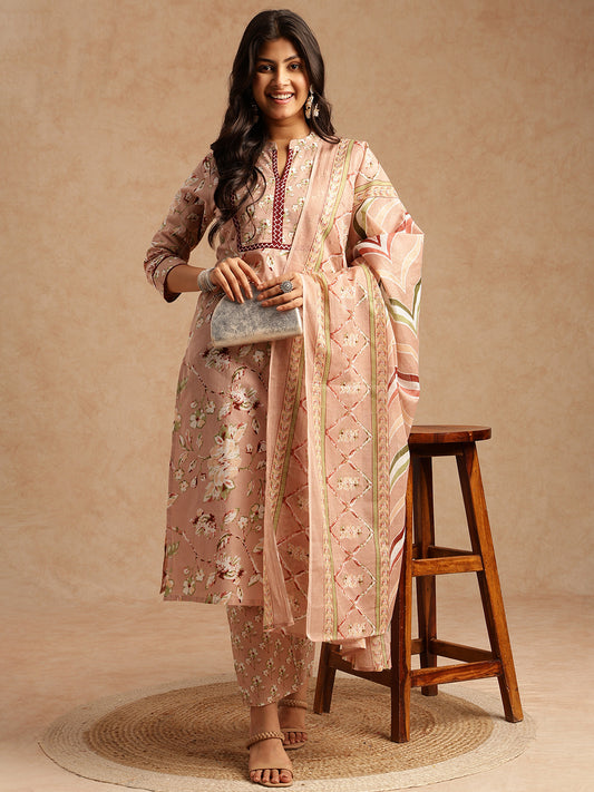 Peach Floral Print Straight Cotton Stitched Kurta Set
