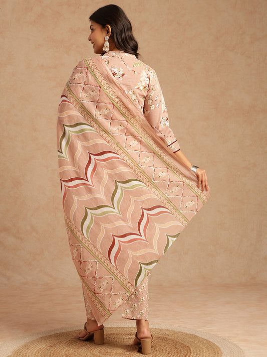 Peach Floral Print Straight Cotton Stitched Kurta Set