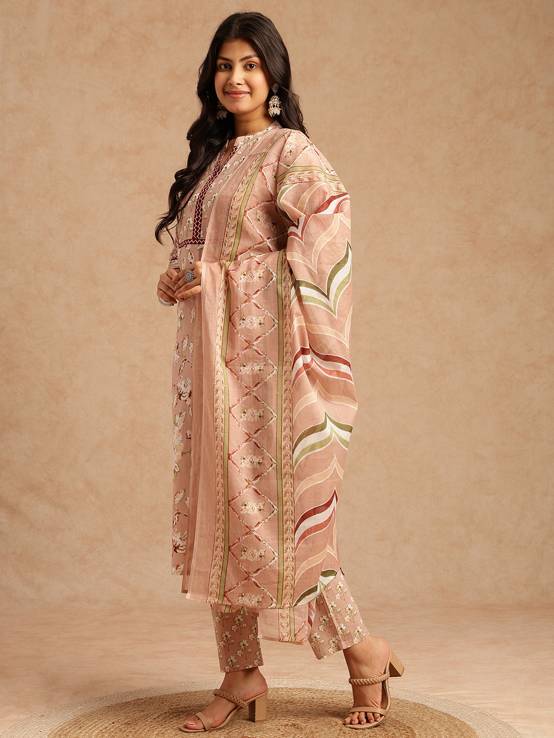 Peach Floral Print Straight Cotton Stitched Kurta Set