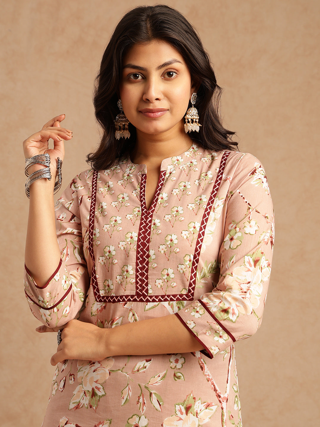 Peach Floral Print Straight Cotton Stitched Kurta Set