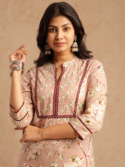 Peach Floral Print Straight Cotton Stitched Kurta Set