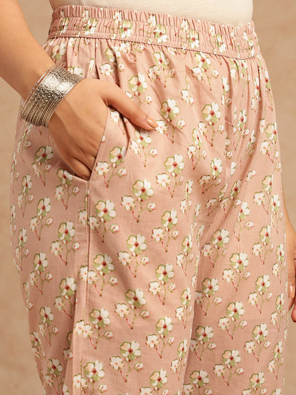 Peach Floral Print Straight Cotton Stitched Kurta Set