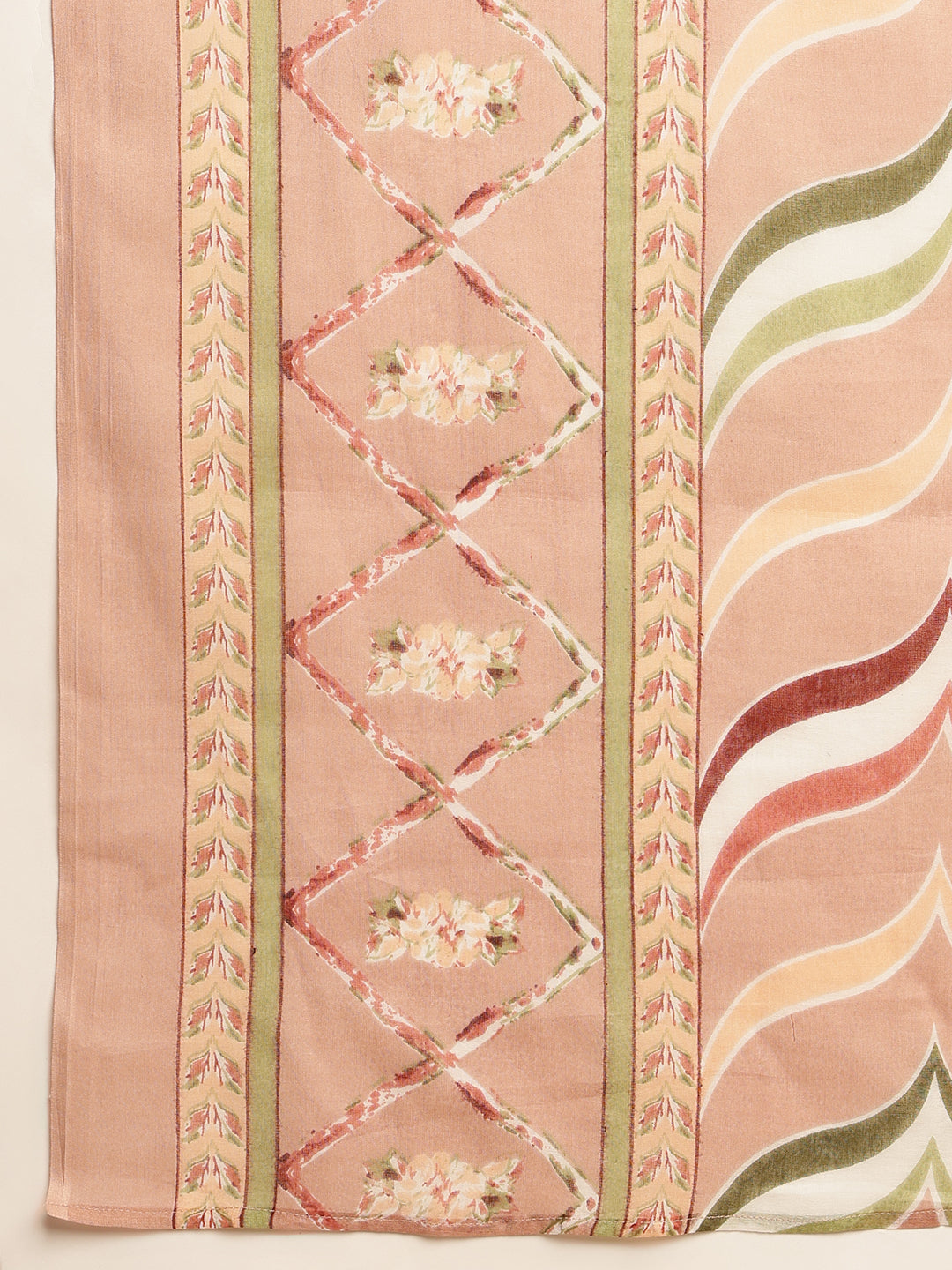 Peach Floral Print Straight Cotton Stitched Kurta Set