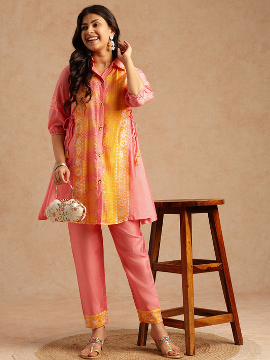 Pink Batik Print A-Line Chanderi Stitched Kurta Set