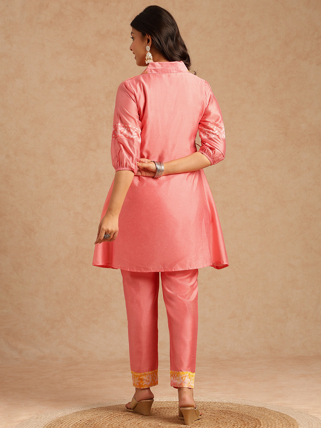 Pink Batik Print A-Line Chanderi Stitched Kurta Set