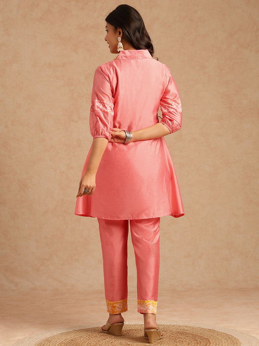 Pink Batik Print A-Line Chanderi Stitched Kurta Set