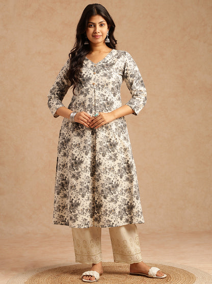 Grey Floral Print A-line Cotton Flex Kurta