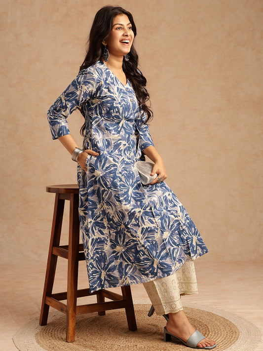 Blue Floral Print A-line Cotton Flex Kurta