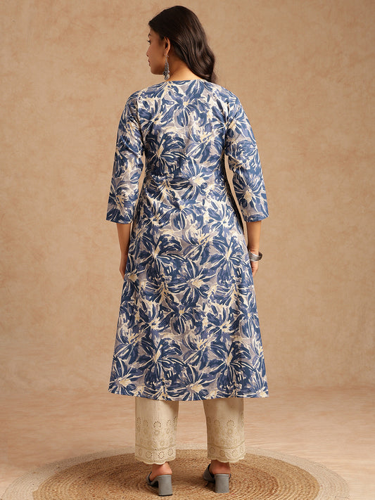 Blue Floral Print A-line Cotton Flex Kurta