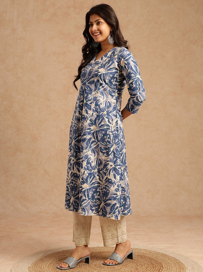 Blue Floral Print A-line Cotton Flex Kurta
