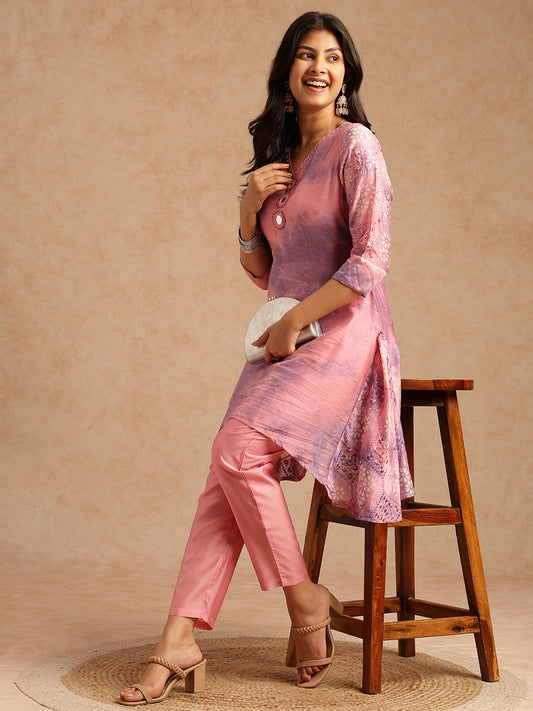 Lavender Embroidered A-Line Chanderi Stitched Kurta Set