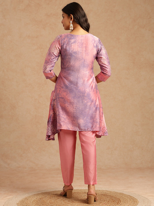 Lavender Embroidered A-Line Chanderi Stitched Kurta Set
