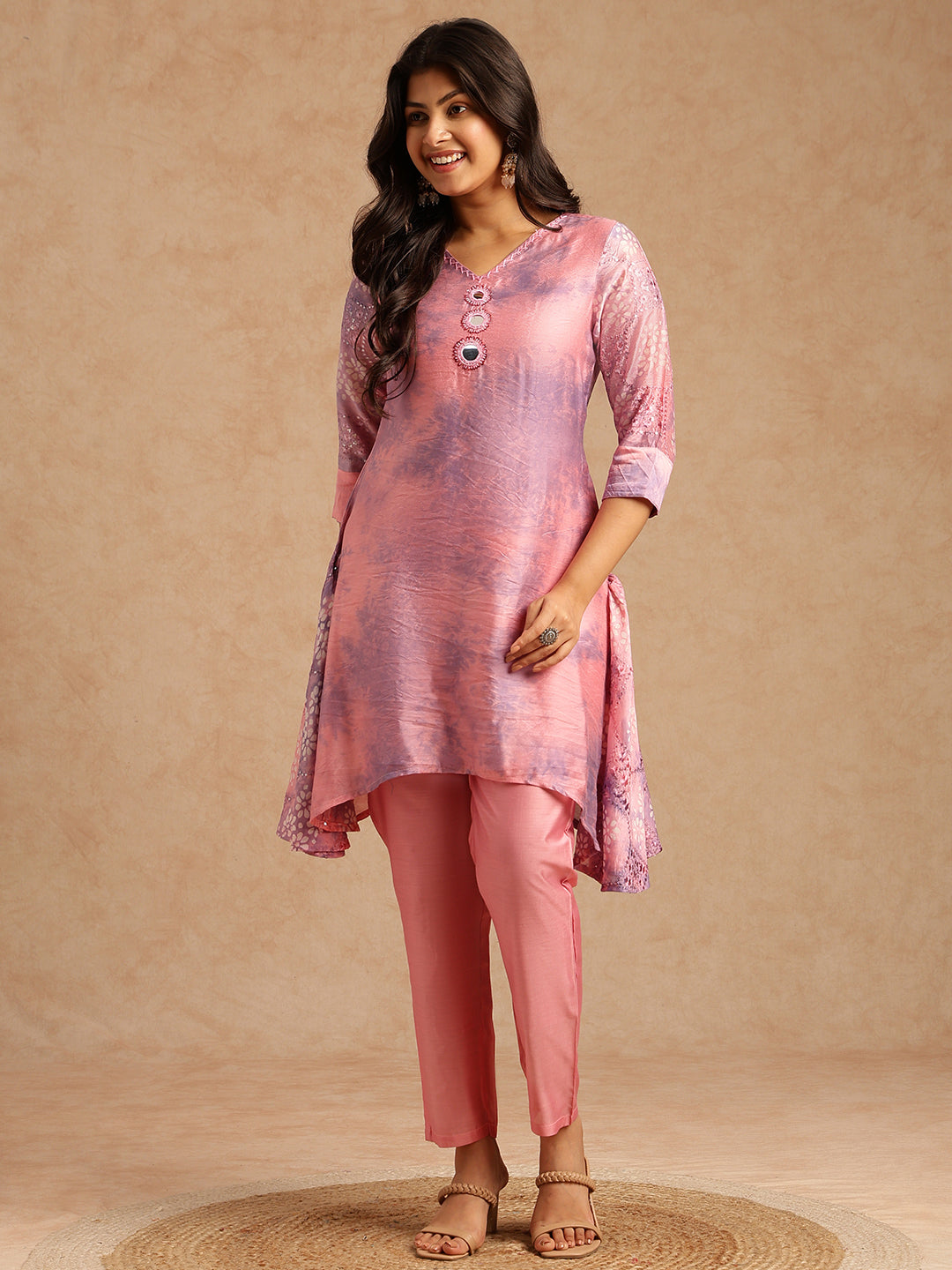 Lavender Embroidered A-Line Chanderi Stitched Kurta Set
