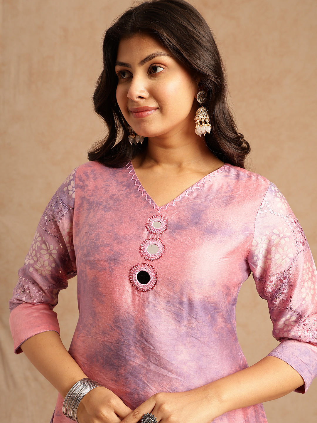 Lavender Embroidered A-Line Chanderi Stitched Kurta Set