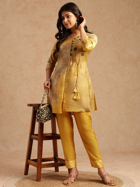 Yellow Embroidered A-Line Chanderi Stitched Kurta Set